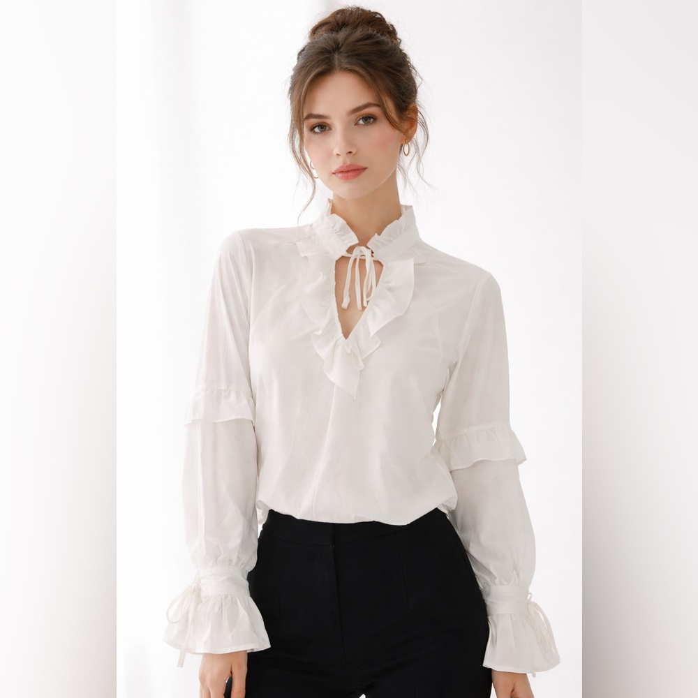 SHEIN White Ruffle Blouse Romantic Boho Y2K Tie Neck Top